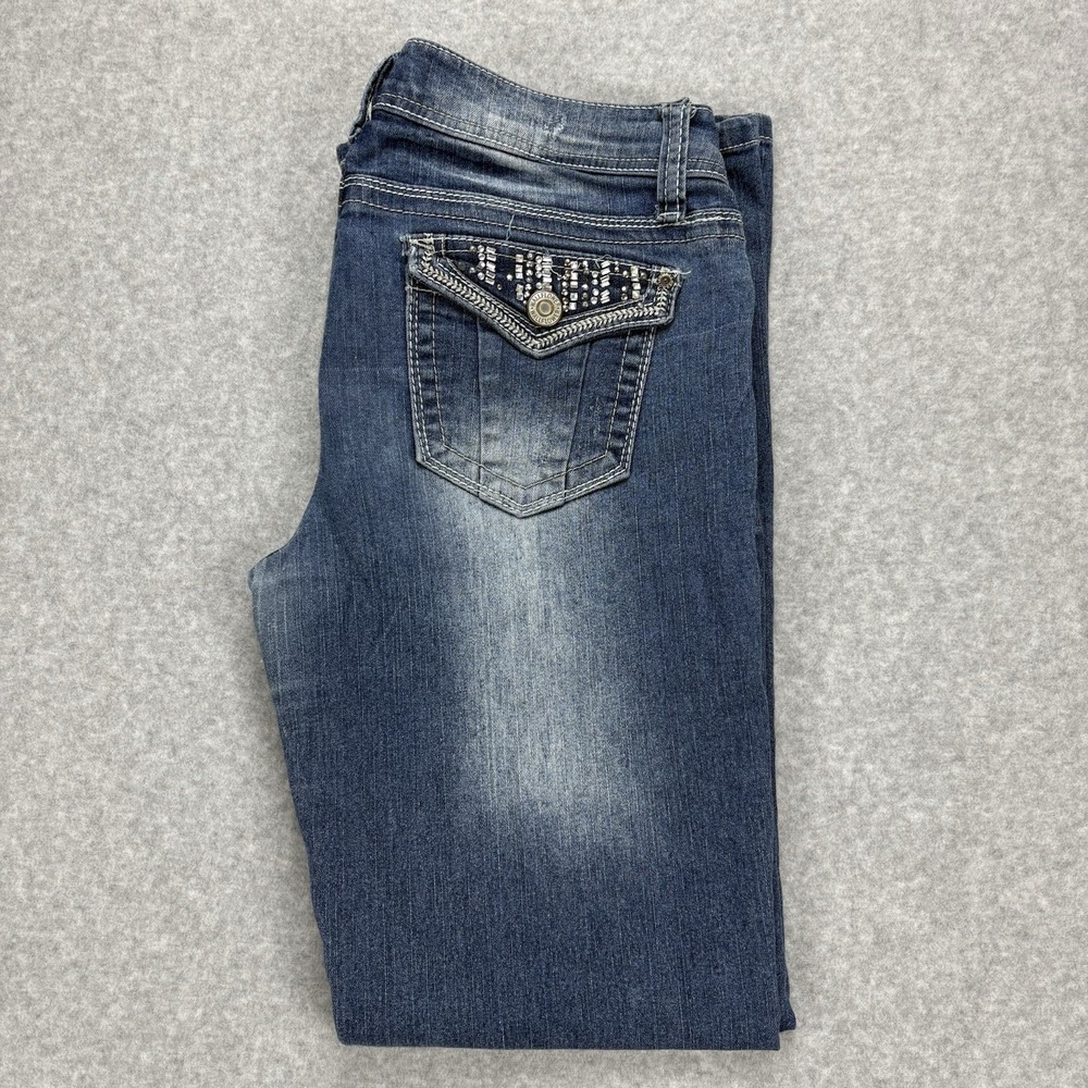 WallFlower Flare‎ Leg Jeans Womens 11 Blue Embellished Flap Pocket Y2K Western